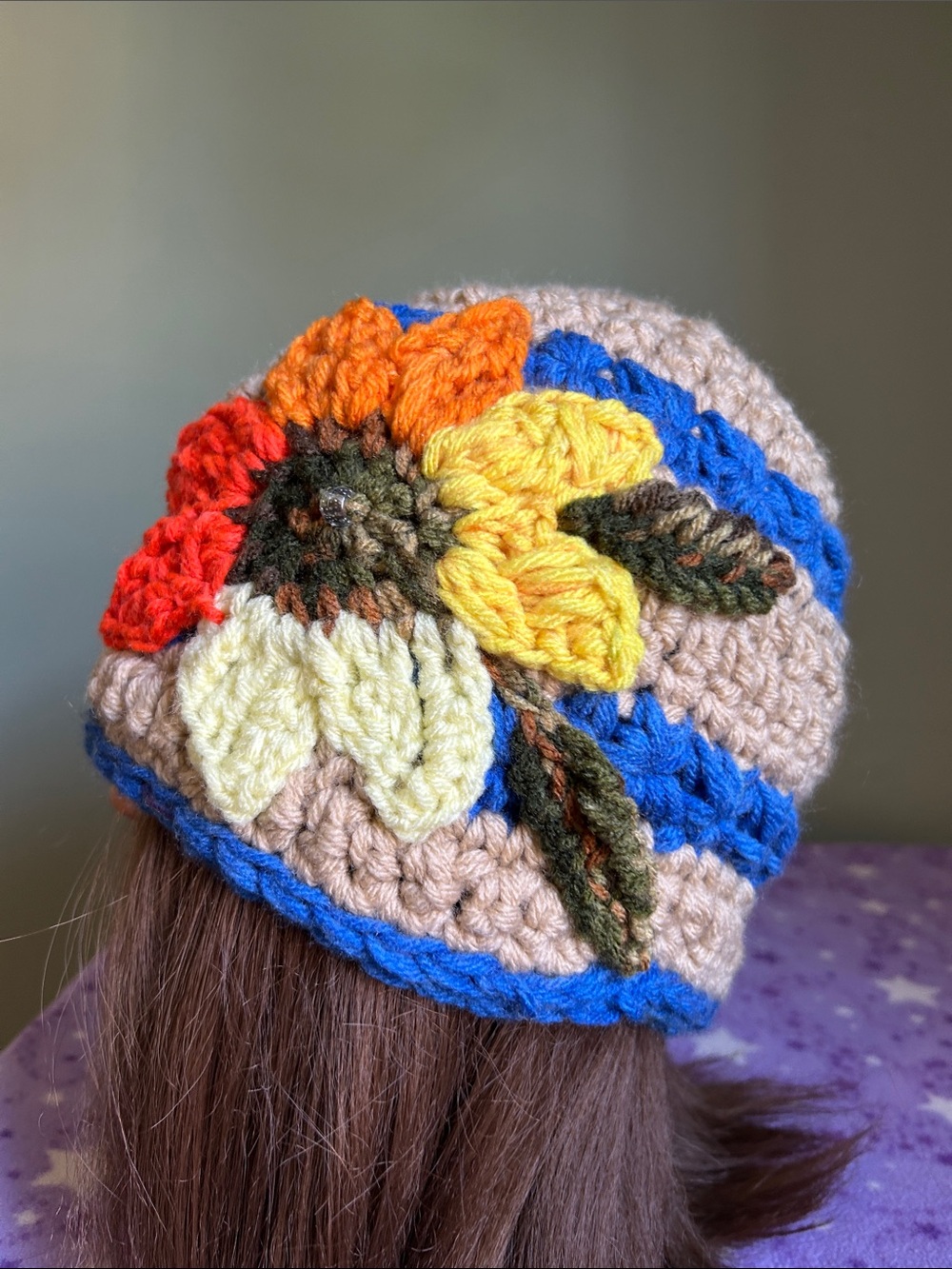 Crochet Flower hemp Knit Beanie with patch sunflower Accent medium acrylic